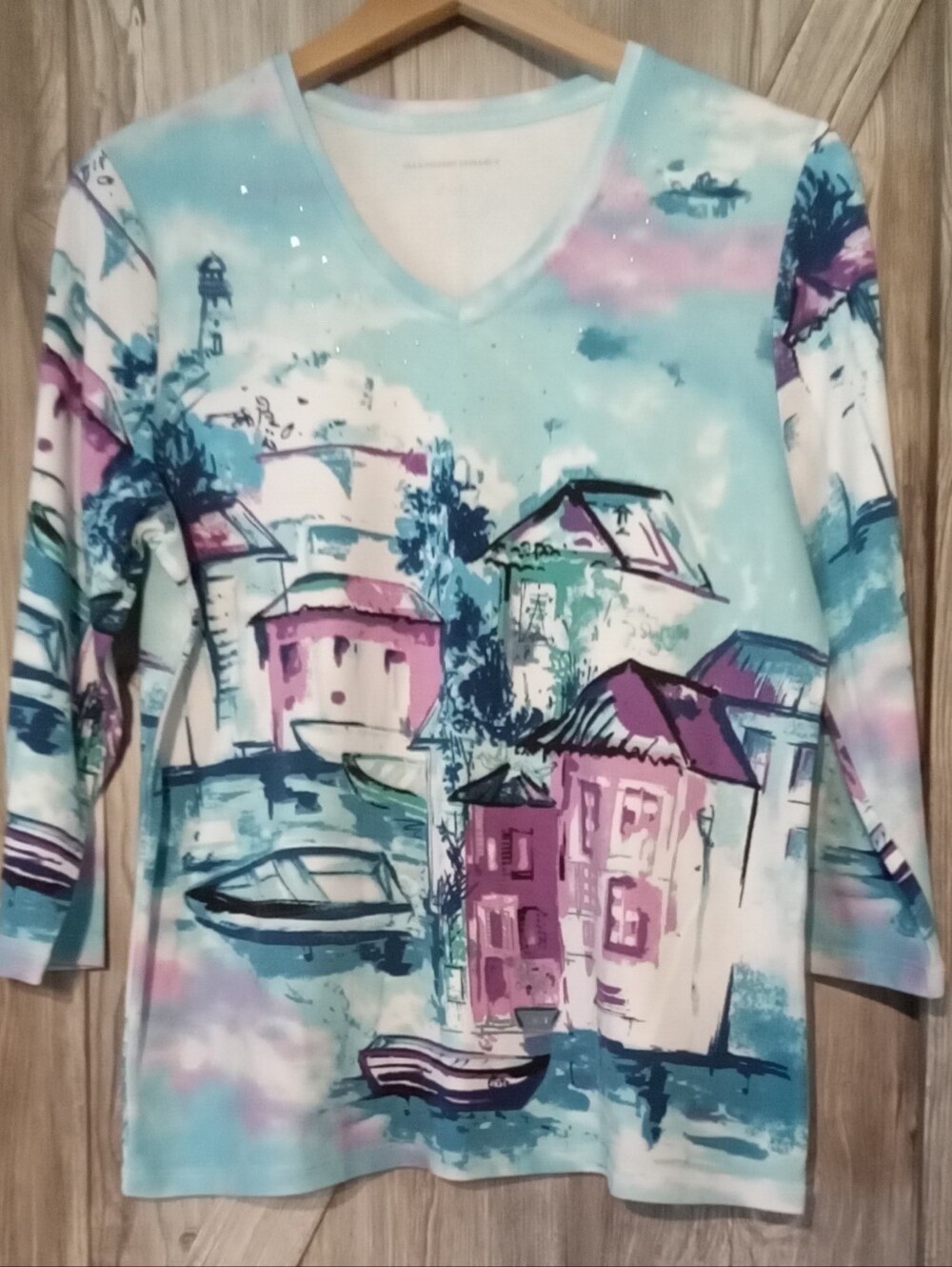 Allison Daley Turquoise Seaside V-Neck Top L/XL